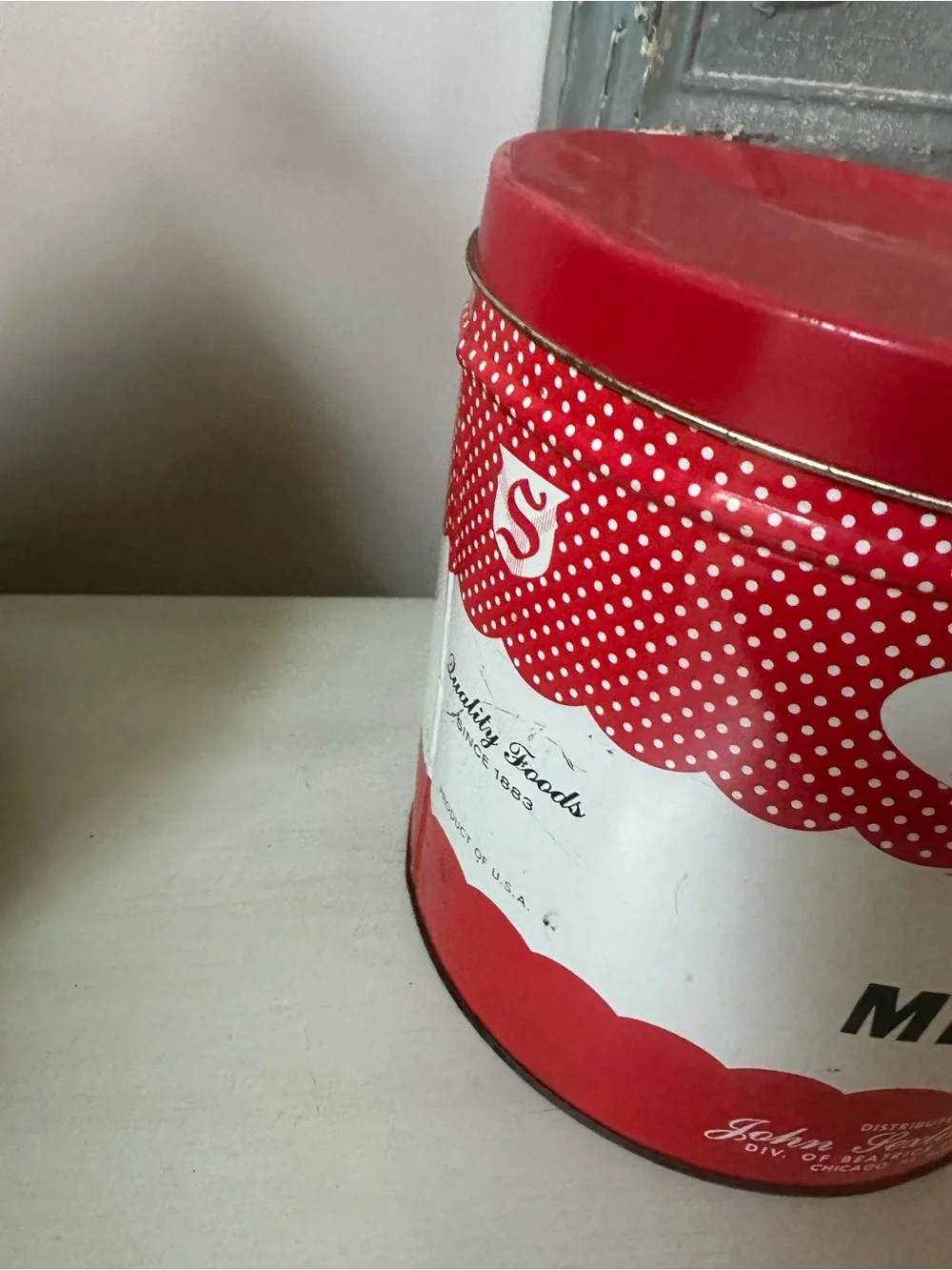 Vintage sexton mints red white polka dot tin